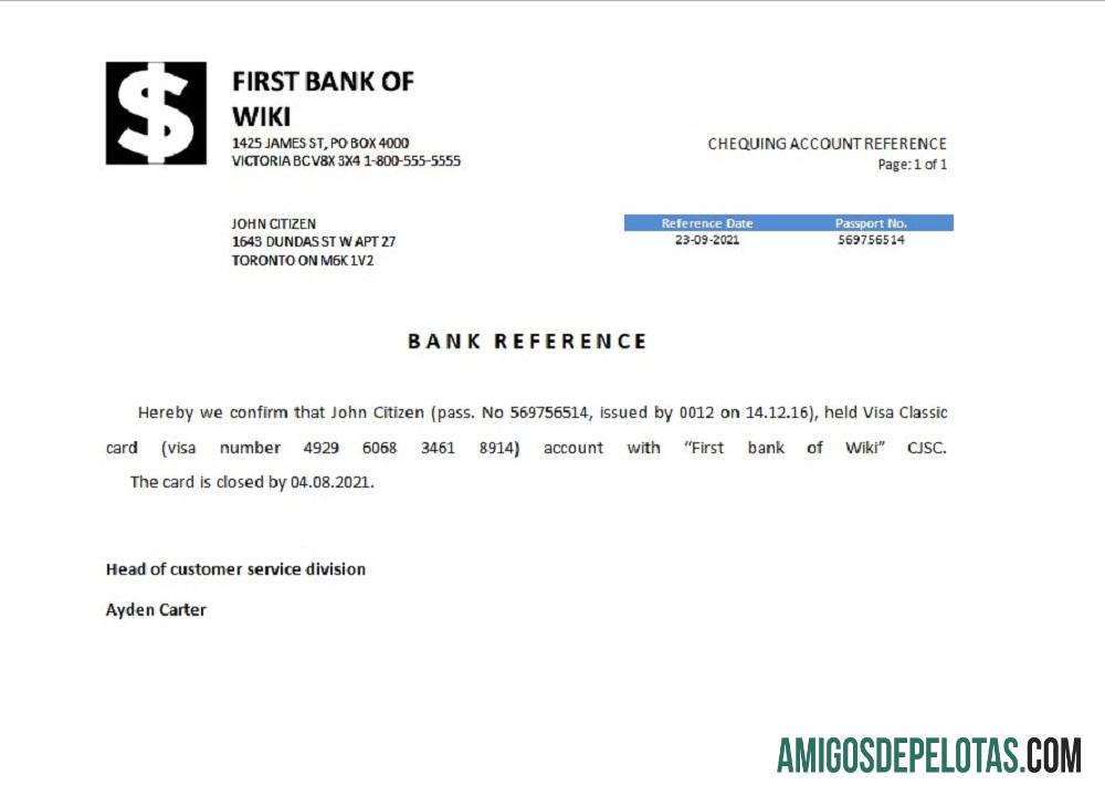 Referência de fechamento do primeiro banco da Wiki dos EUA amostra
